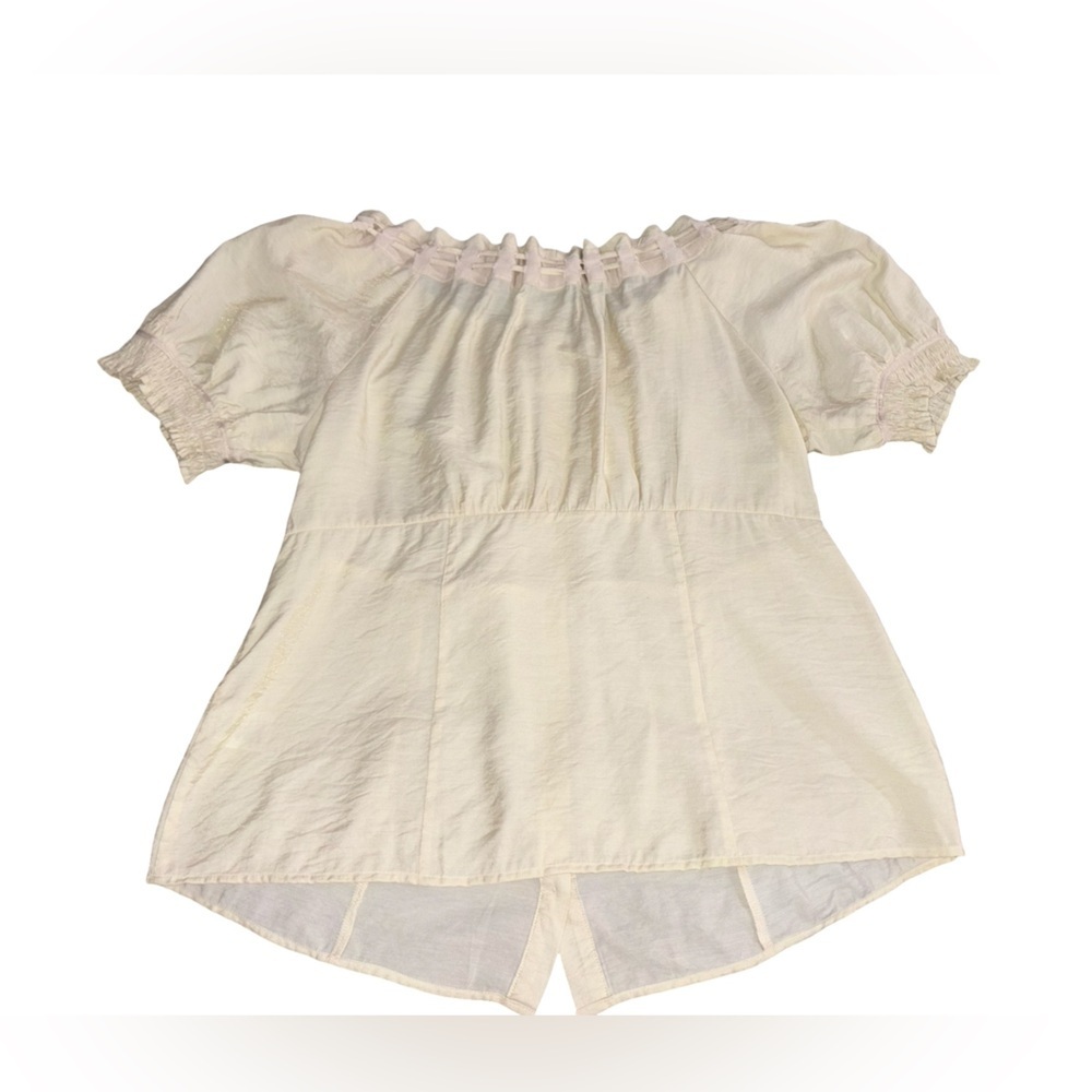 Caribbean Joe Pale Yellow Shimmer Peasant Blouse Size L Boho Tie Neck - Picture 2 of 9